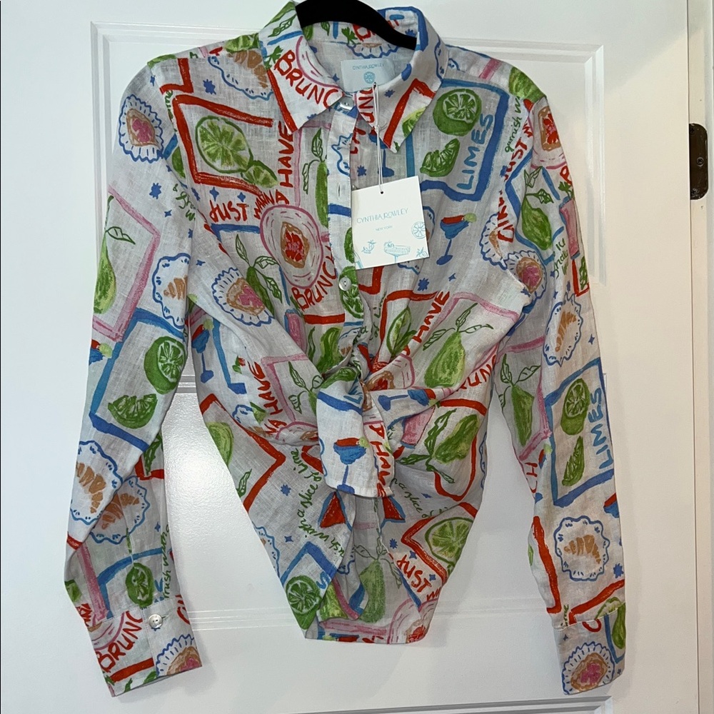 Cynthia Rowley "Lets Brunch!" Multicolor Summer Graphic Button Down Shirt⚓️🦪🥂🍋🥐